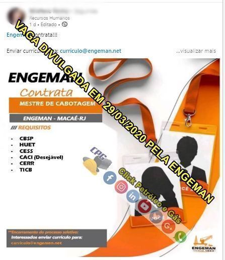 Contratos de óleo e gás em Macaé da Engeman demanda vagas offshore na função de Mestre de Cabotagem