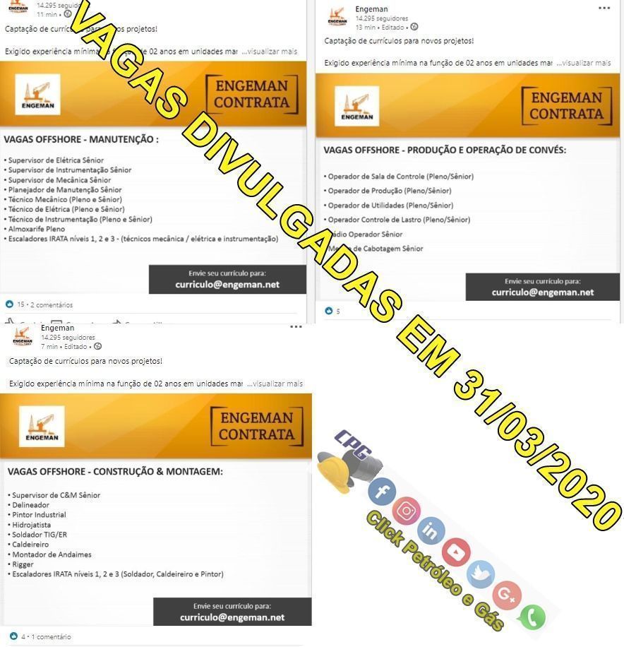 vagas de emprego offshore macaé Novo projeto de óleo e gás Engeman Macaé demanda muitas vagas de emprego, em quase todas as funções divulgadas nesta noite, 31 de março