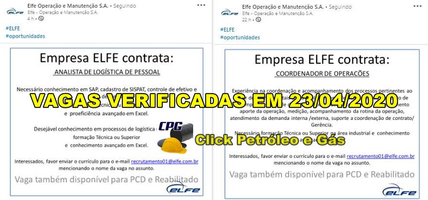 VAGAS DE ENSINO MÉDIO E SUPERIOR ELFE ENGENHARIA Vagas de ensino médio e superior para profissionais da área de logística e industrial, hoje 23 de abril