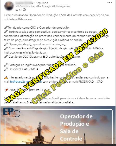 Vaga offshore para trabalhar em escala 14 x 14 na área de produção e manutenção na EP2C Energy Vaga offshore para trabalhar em escala 14 x 14 na área de produção e manutenção na EP2C Energy