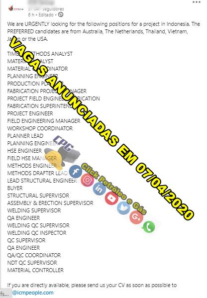 Muitas vagas de emprego para um projeto offshore na Indonésia anunciadas neste dia, 7 de abril