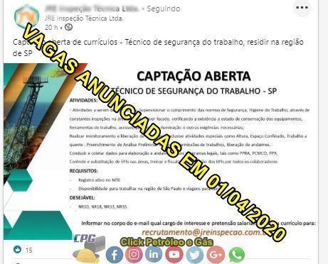 segurança do trabalho Empresa do ramo de inspeção industrial inicia processo seletivo na área de Segurança dos Trabalho