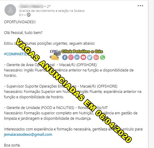 Multinacional Sodexo inicia vagas URGENTES de nível superior operacionais offshore e onshore para Macaé e Mato Grosso