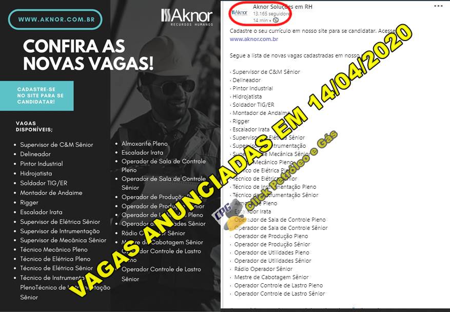 Cadastro de currículo para emprego offshore demanda vinte e oito funções diferentes, hoje 14 de abril na Aknor Cadastro de currículo para emprego offshore demanda vinte e oito funções diferentes, hoje 14 de abril na Aknor