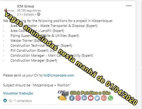 vagas de emprego offshore brasileiros Moçambique Contratos offshore em Moçambique demanda vagas de emprego para brasileiros nas áreas técnicas, solda, tubulação e mais