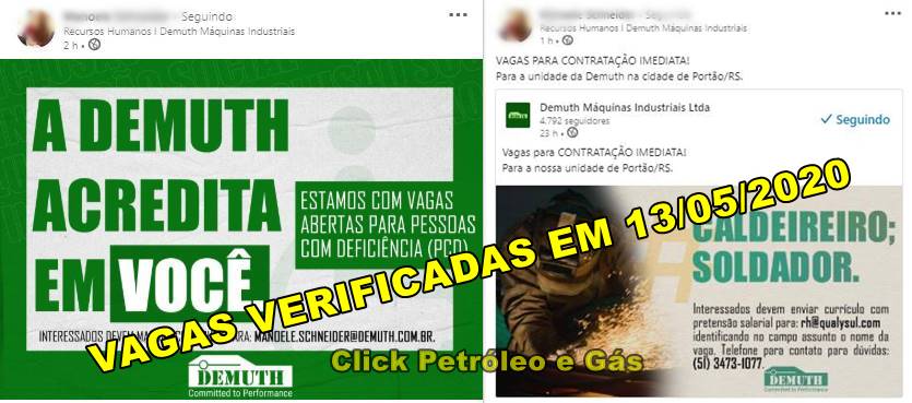 Soldador, caldeireiro e profissionais PCD’s convocados com URGÊNCIA hoje (13) pela Demuth Máquinas Industriais no RS Soldador, caldeireiro e profissionais PCD’s convocados com URGÊNCIA hoje (13) pela Demuth Máquinas Industriais no RS