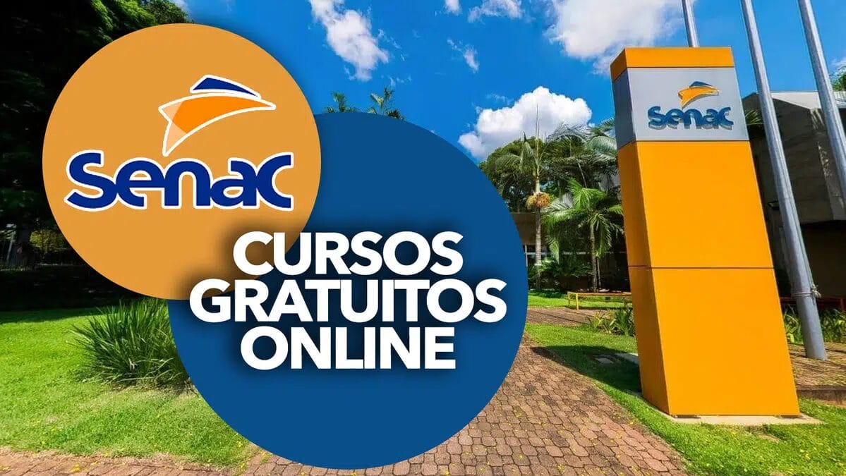 Logotipo do Senac com palavras cursos gratuitos online ressaltando oportunidades de qualificação profissional e certificação nas áreas de saúde, beleza e TI.
