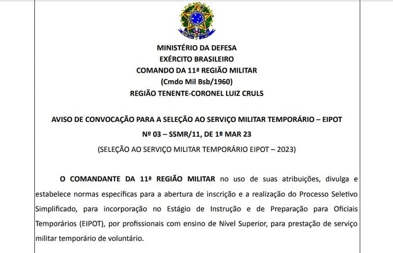Exército convoca brasileiros com até 40 anos e oferece salário inicial de R$ 10 mil por mês; processo seletivo simplificado e sem necessidade de concurso!