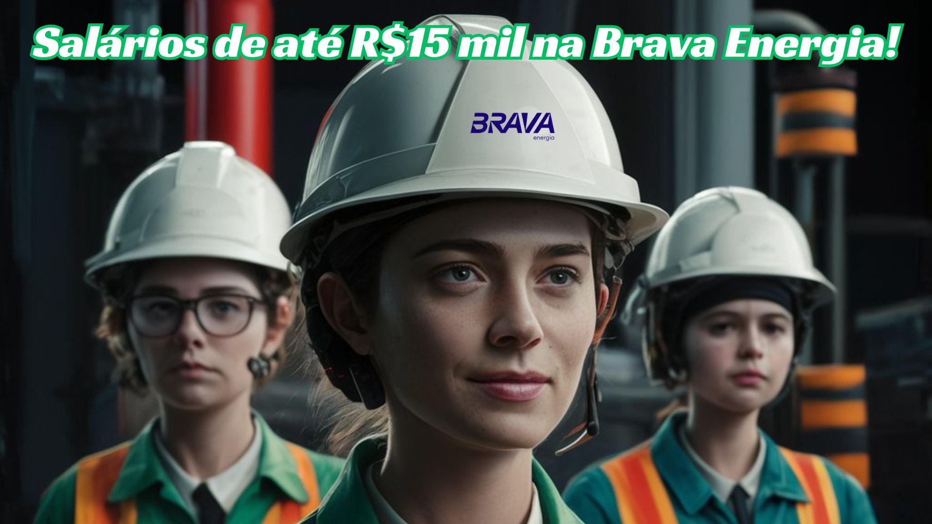 Profissionais da Brava Energia usando capacetes e uniformes de segurança com a mensagem 'Salários de até R$15 mil na Brava Energia!'