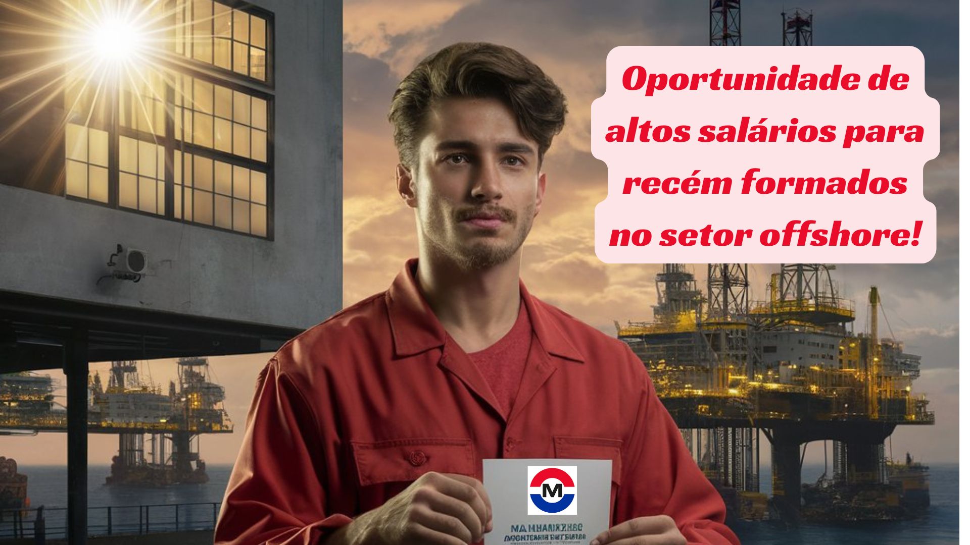 Oportunidade de altos salários para recém-formados no setor offshore com plataforma ao fundo.
