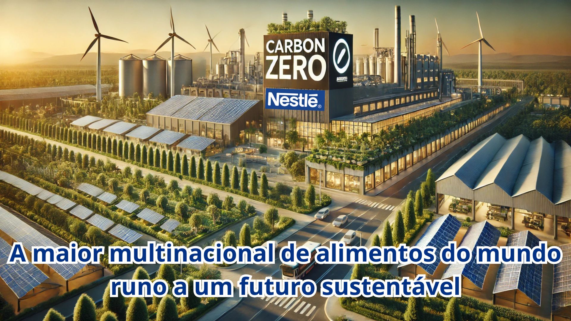 Fábrica sustentável da Nestlé com turbinas eólicas, painéis solares e áreas verdes, destacando o compromisso com o carbono zero.