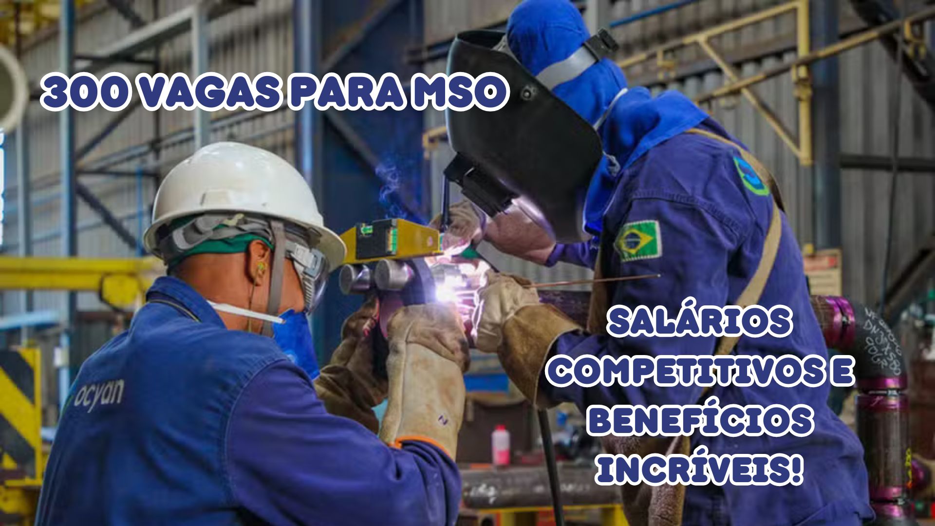 Trabalhadores da Ocyan realizando manutenção industrial offshore, destacando oportunidades com 300 vagas para MSO, salários competitivos e benefícios incríveis.