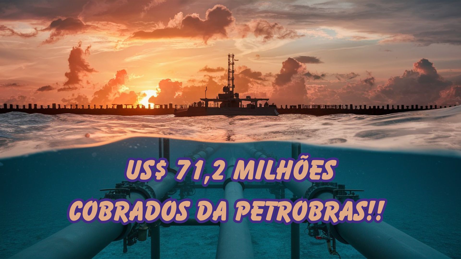 Infraestrutura de oleodutos submarinos ao pôr do sol com destaque para a cobrança de US$ 71,2 milhões pela Seacrest à Petrobras.