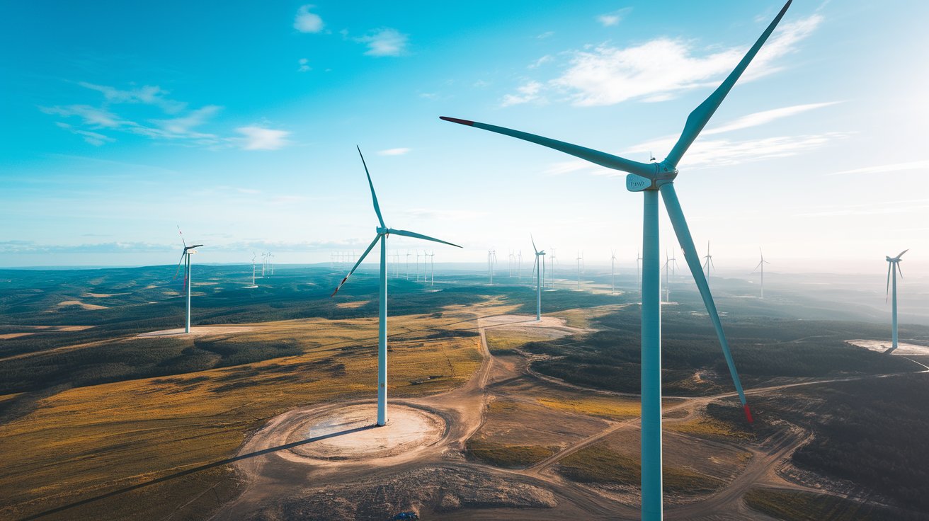 Parque eólico no Nordeste do Brasil, representando o crescimento da energia renovável eólica até 2029, com destaque para a exportação sustentável.