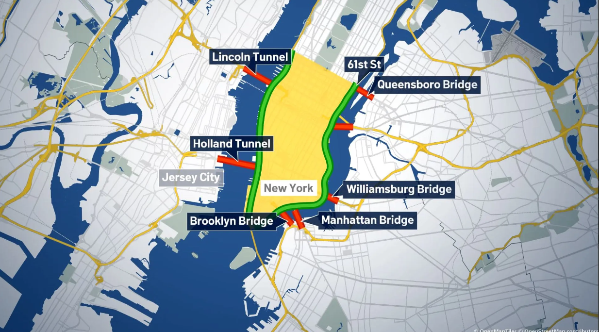 A Congestion Relief Zone é a área mais movimentada do sul de Manhattan onde o pedágio é aplicado. Ela foi criada para limitar o acesso de veículos e melhorar a mobilidade, priorizando pedestres e transporte público.