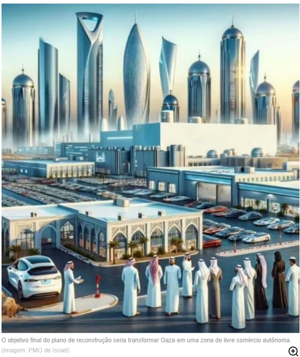 O plano é transformar Gaza em uma cidade moderna, com arranha-céus, ferrovias e energia renovável. A reconstrução seria feita por um grupo de países, e a região se tornaria uma zona de livre comércio.