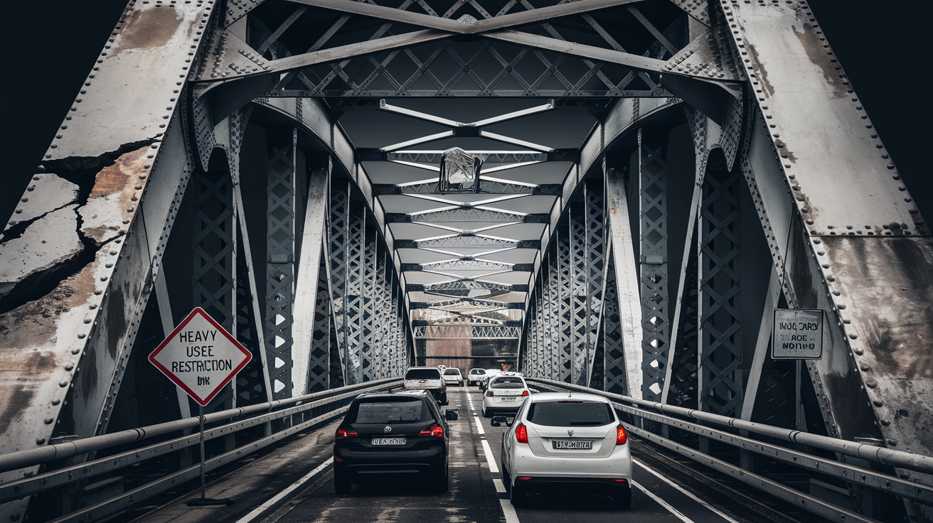Ponte de Ferro entre São José do Hortêncio e Presidente Lucena restringe tráfego de veículos pesados devido a danos estruturais.