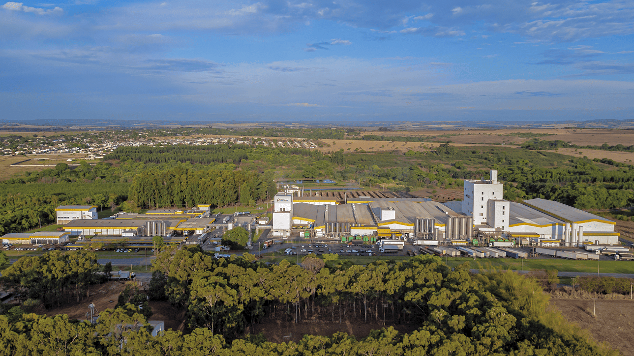 Imagem aérea da unidade industrial do Grupo Piracanjuba, destacando a estrutura fabril e a área circundante, com campos e árvores ao fundo. Imagem - BNDES/Divulgação