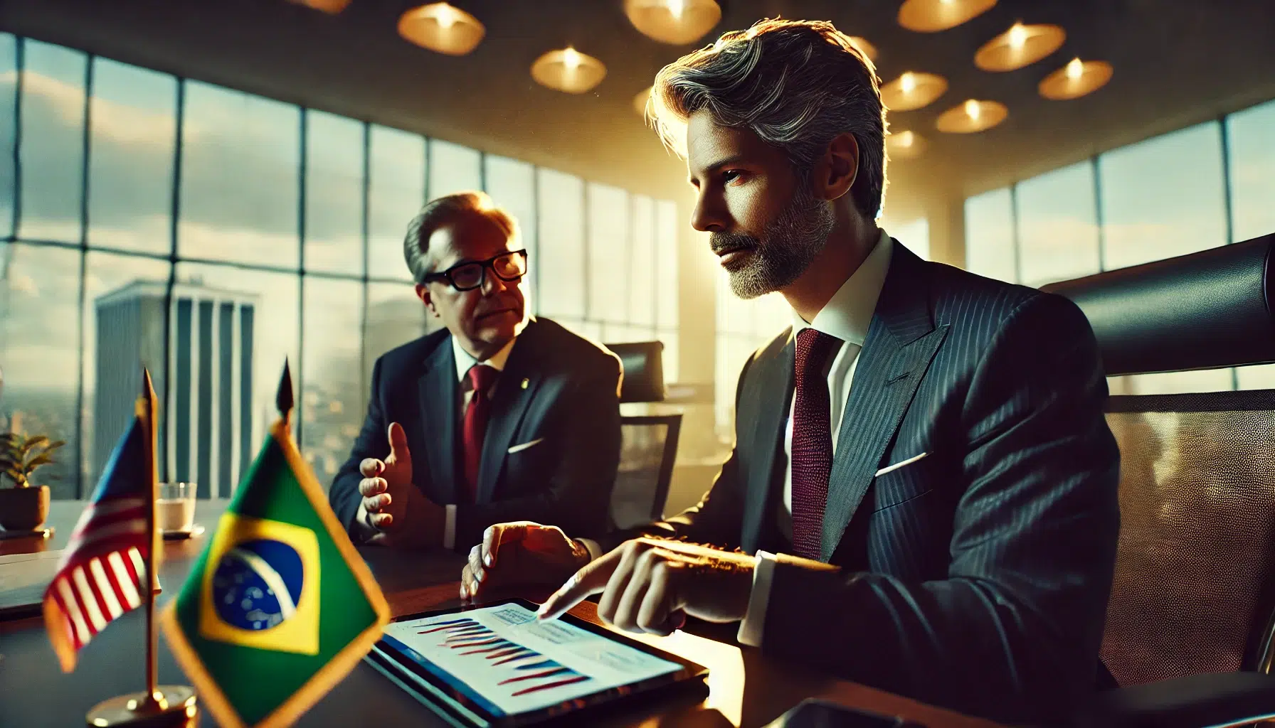 Executivos brasileiros e americanos discutindo estratégias econômicas em uma reunião corporativa, com gráficos em um tablet e bandeiras do Brasil e dos EUA sobre a mesa.