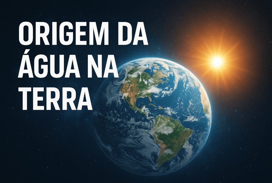 Imagem do planeta Terra visto do espaço com o Sol brilhando ao fundo e texto em destaque: “Origem da água na Terra”.