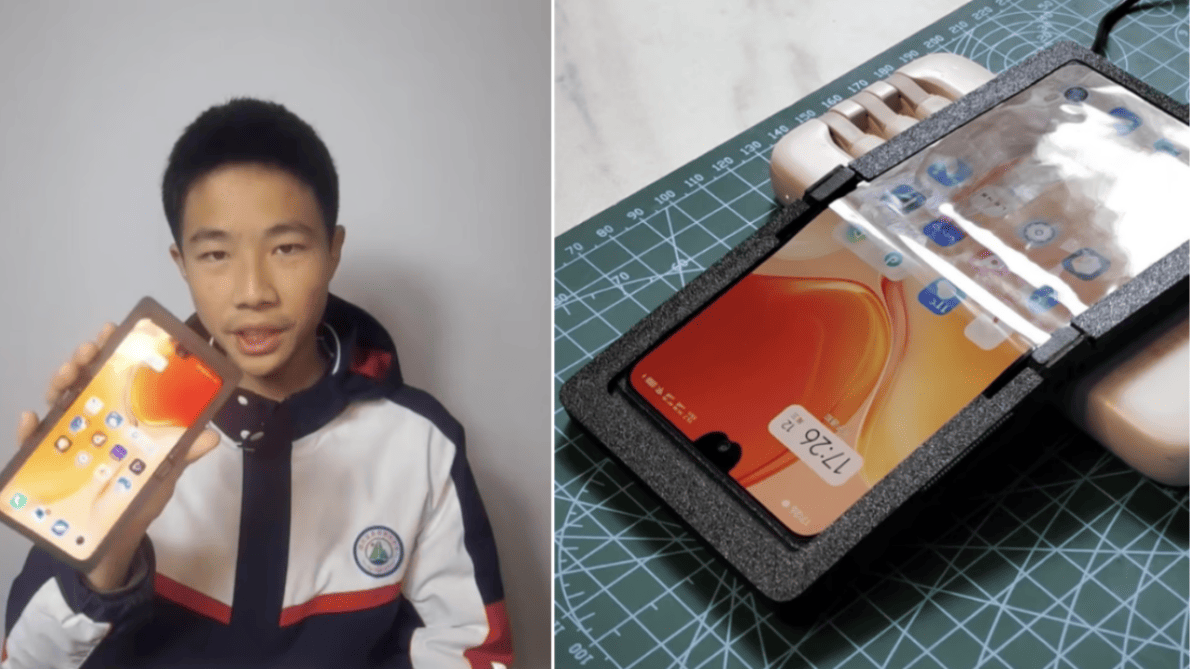 Lan Bowen, um adolescente chinês, cria celular dobrável com peças recicladas e impressiona gigante da tecnologia Vivo.
