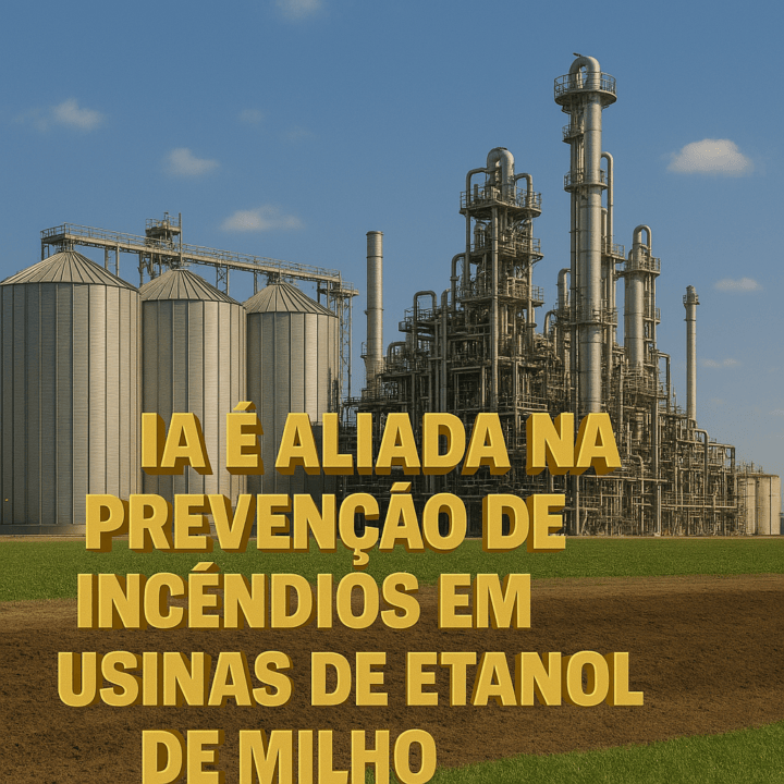 Usina de etanol de milho com silos e estrutura industrial ao fundo, destacando o uso da inteligência artificial na prevenção de incêndios.