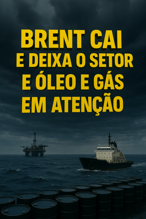 Navio petroleiro e plataforma offshore sob céu nublado com destaque para queda do preço do Brent no setor de óleo e gás