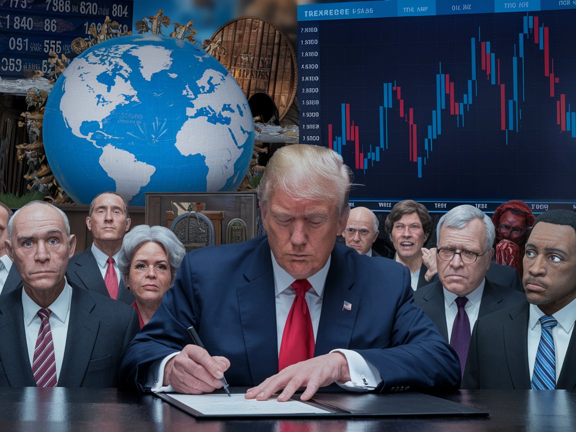 Donald Trump assinando novas tarifas comerciais, com líderes mundiais e gráficos de queda do mercado ao fundo.