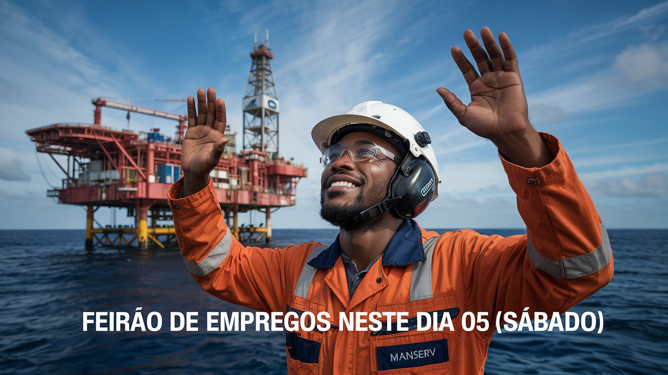 Trabalhador negro eufórico com uniforme laranja da Manserv comemorando vaga de emprego offshore em frente a plataforma de petróleo