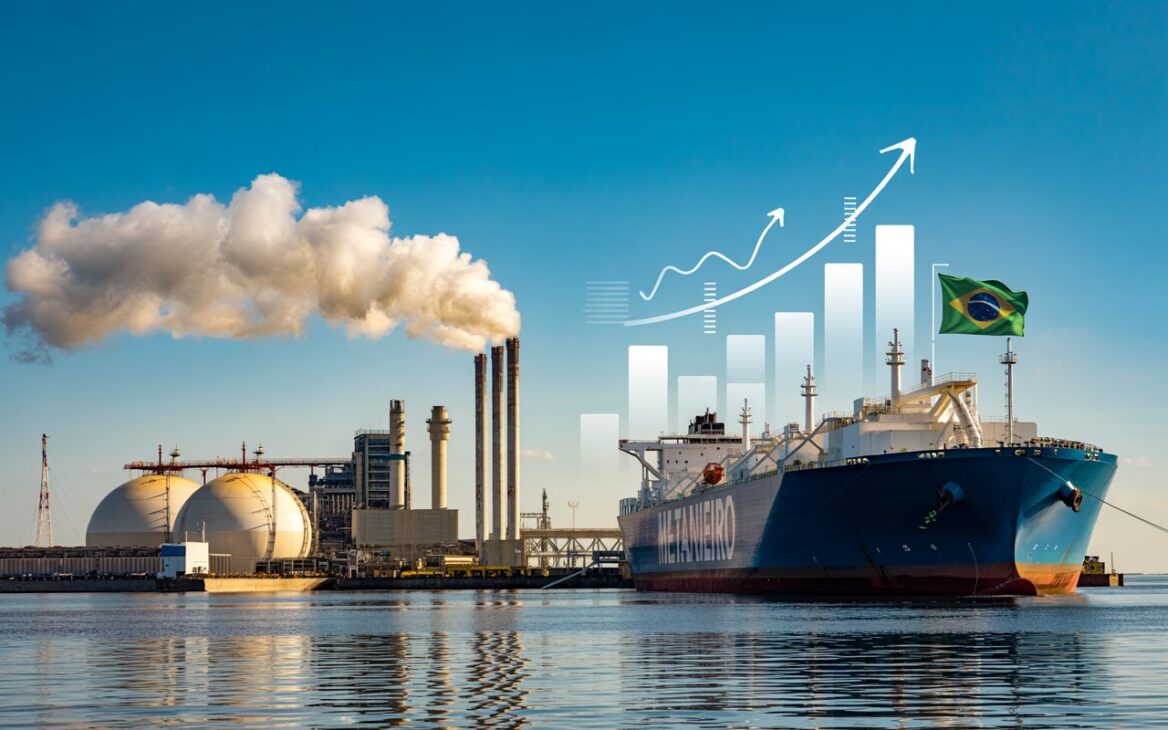 Navio de GNL atracado em terminal brasileiro com usina termoelétrica e instalações industriais ao fundo