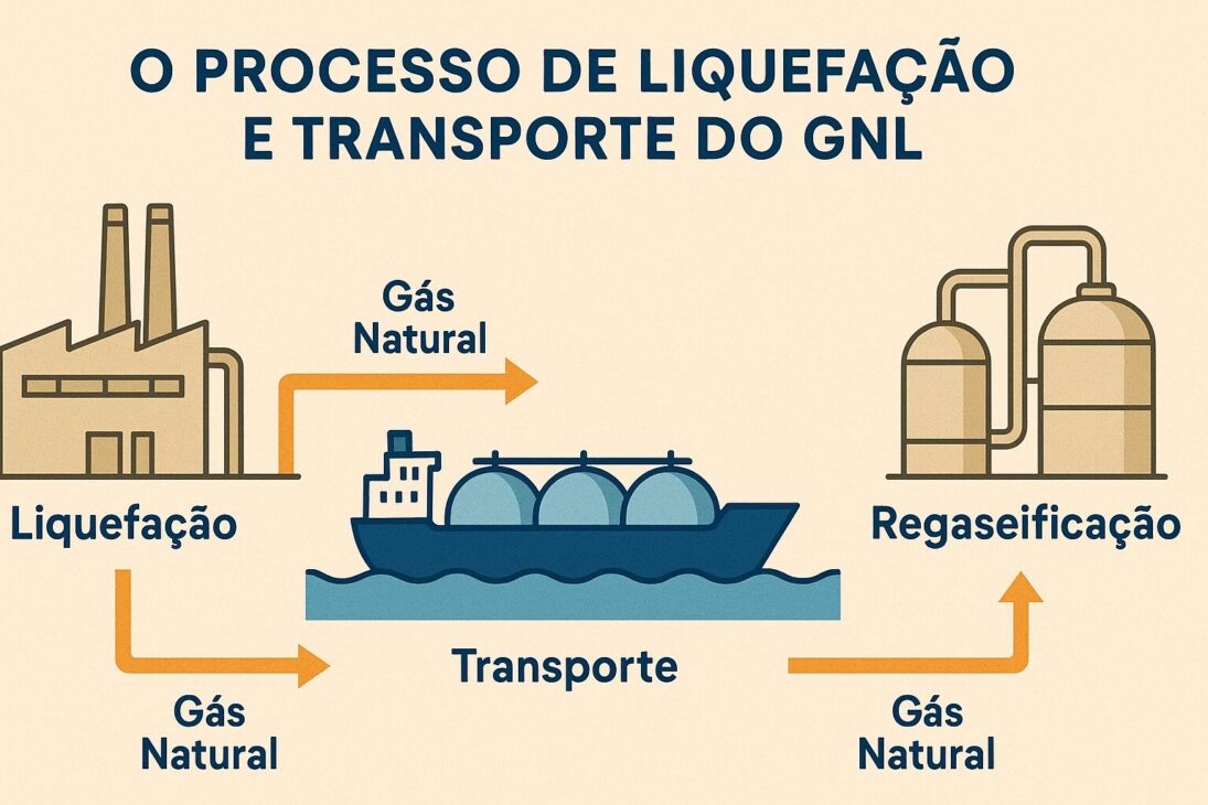 Ilustração do processo de liquefação, transporte e regaseificação do gás natural liquefeito