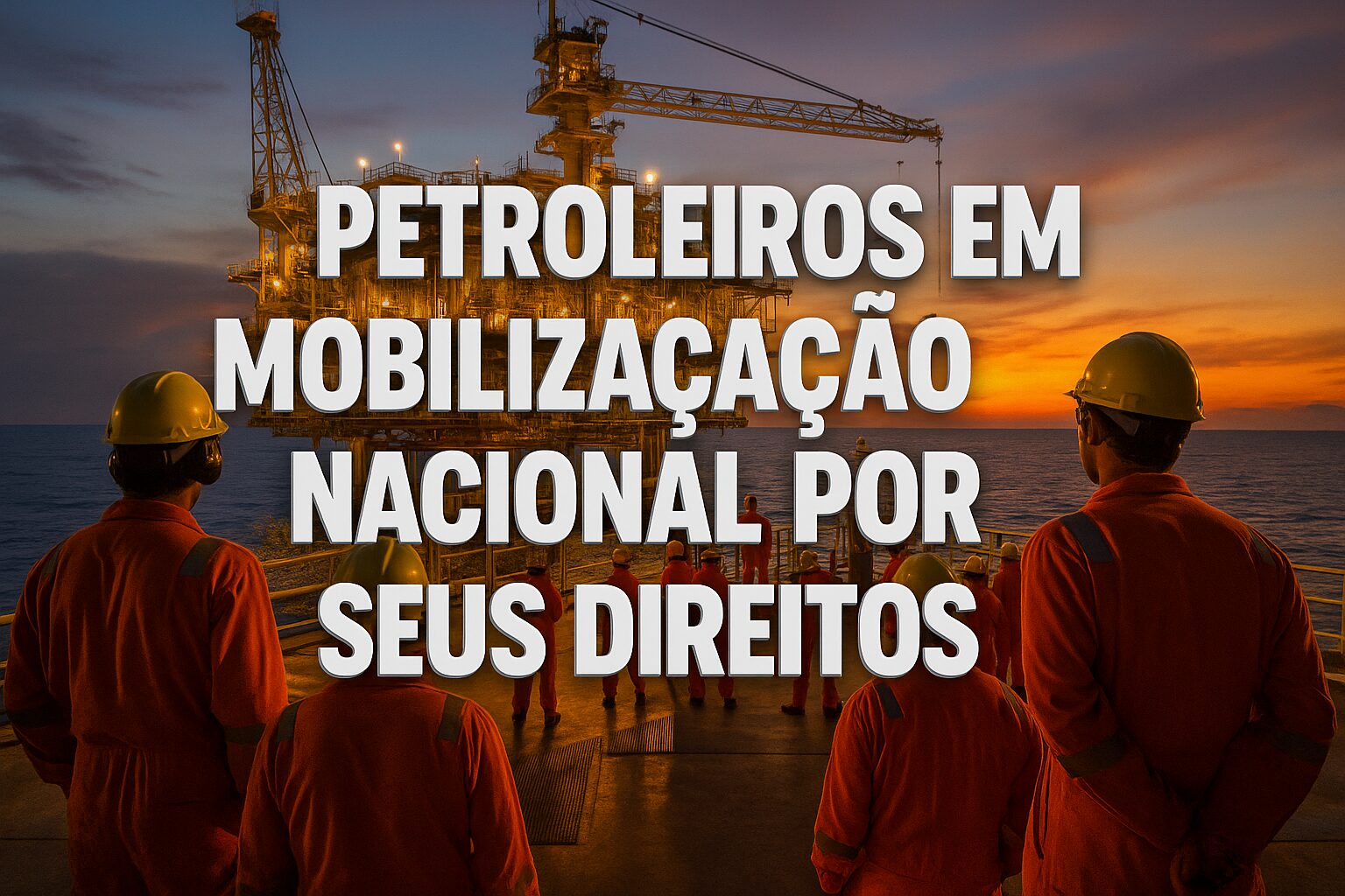 Petroleiros reunidos em plataforma offshore ao pôr do sol com a frase “PETROLEIROS EM MOBILIZAÇÃO NACIONAL POR SEUS DIREITOS” em destaque