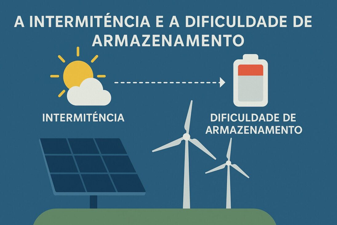 Infográfico ilustrando a intermitência da energia solar e eólica e a dificuldade de armazenamento.