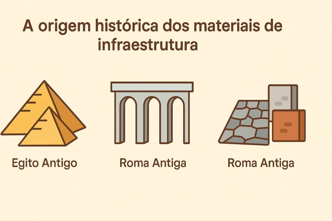 Infográfico ilustrado sobre a origem histórica dos materiais de infraestrutura, com representações visuais de construções egípcias, romanas e da Revolução Industrial.