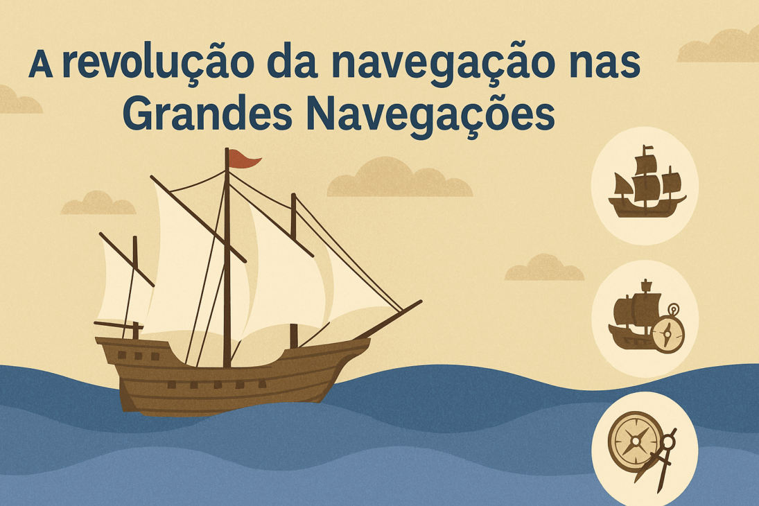 Infográfico com ilustração de um navio da era das Grandes Navegações navegando no mar, acompanhado de ícones de uma caravela, um galeão e instrumentos de navegação.