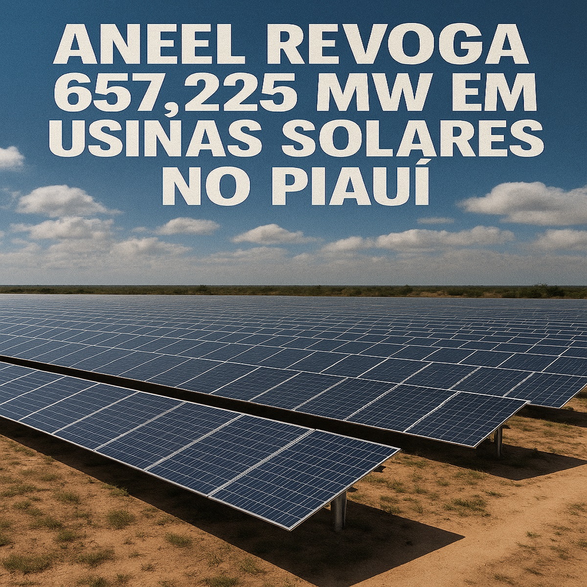 Vista aérea de usina solar no Piauí sob céu azul com faixa de texto informando revogação de 657.225 MW pela Aneel