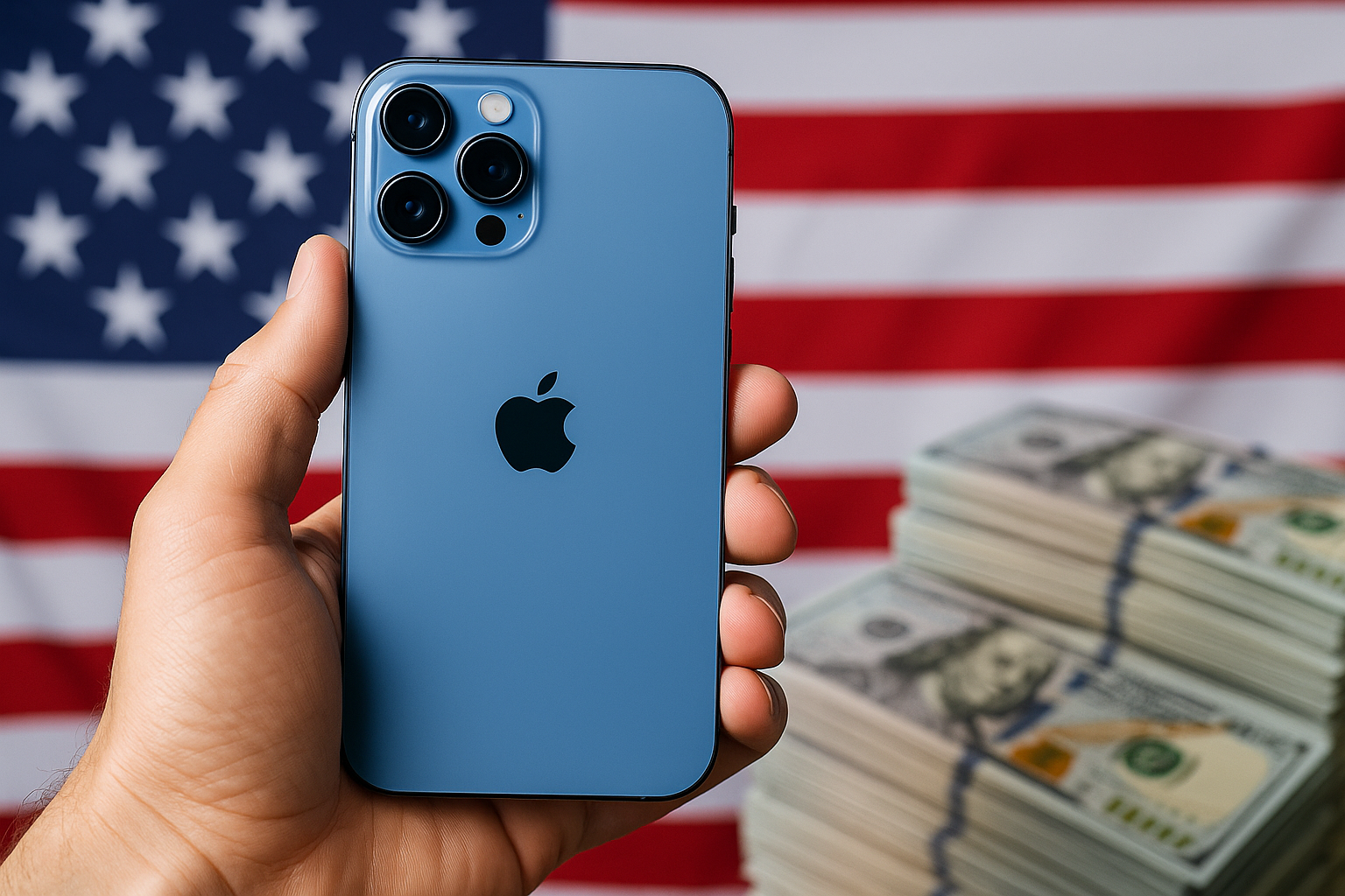 iPhone azul sendo segurado em frente à bandeira dos EUA com maços de dólares