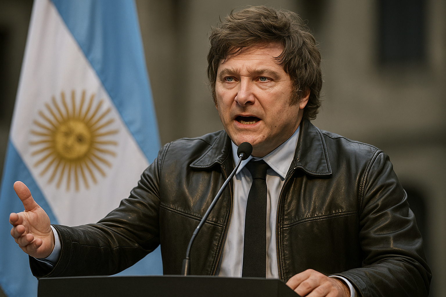 Milen discursando em púlpito com bandeira da Argentina ao fundo