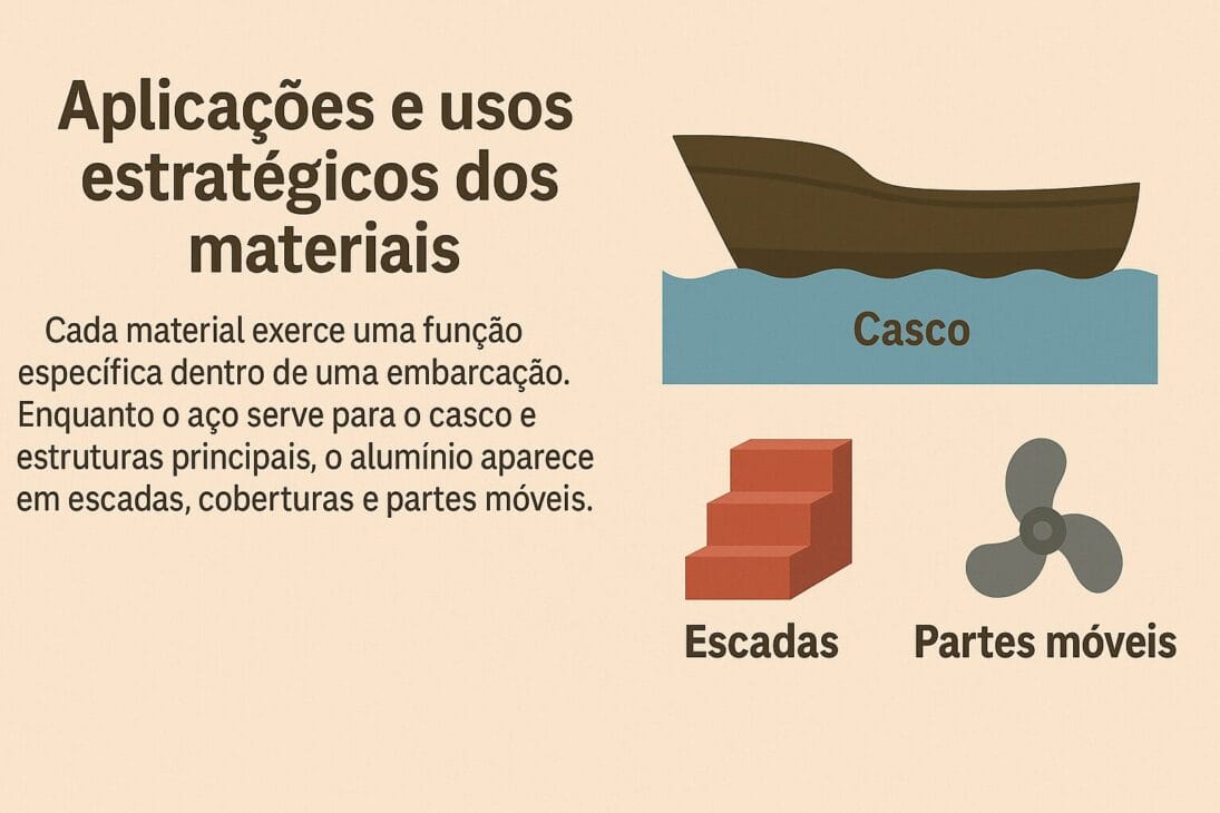 Infográfico sobre as aplicações e usos estratégicos dos materiais na indústria naval, com ilustrações de um casco, escadas e hélice, acompanhado de texto explicativo.