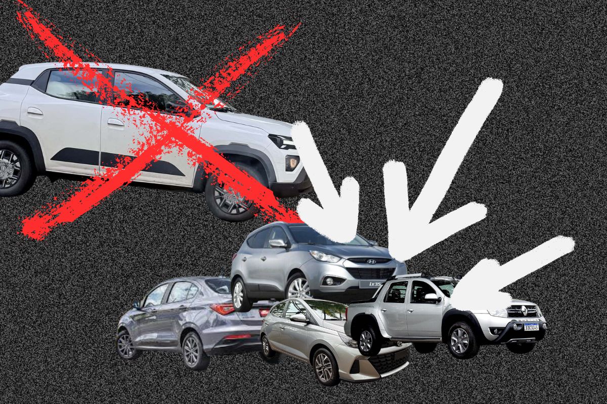 Montagem de carros seminovos — Hyundai ix35 SUV, Renault Duster Oroch picape, Toyota Yaris sedã e Citroën C4 Cactus — destacados por setas brancas, com um Renault Kwid riscado em vermelho ao lado, representando escolhas mais vantajosas pelo mesmo valor.