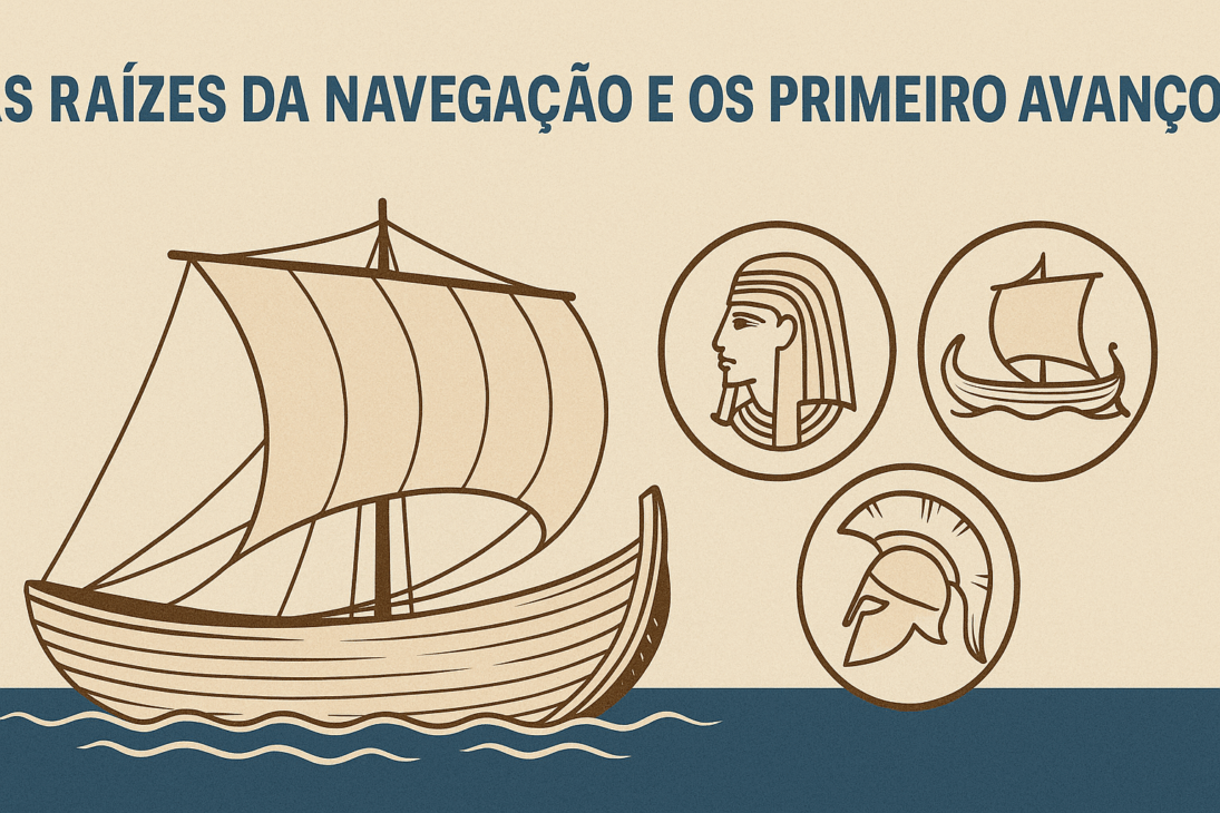 Infográfico ilustrado sobre as raízes da navegação, com desenho de um barco antigo com velas e ícones representando civilizações egípcia, fenícia e grega.