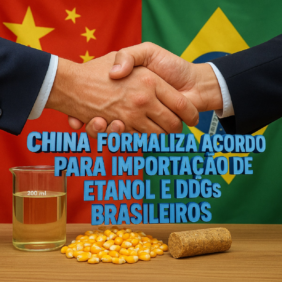 Aperto de mãos entre representantes da China e do Brasil com bandeiras ao fundo, milho, etanol e DDG em