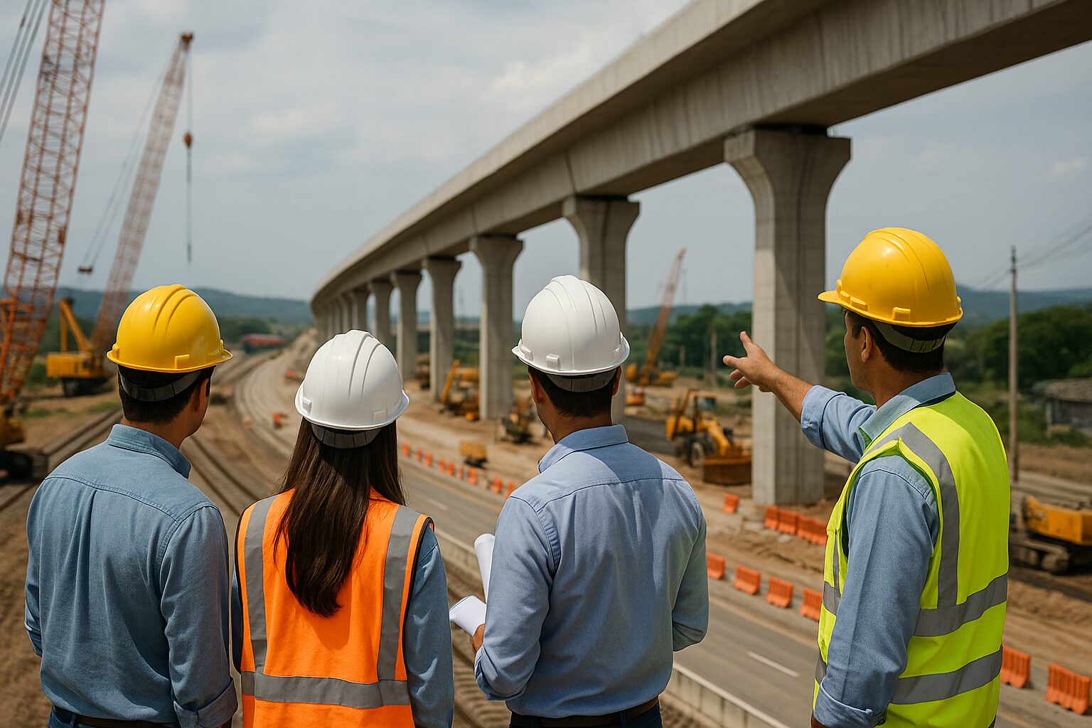 Obras de infraestrutura com profissionais capacitados atuando em uma construção civil moderna no Brasil.