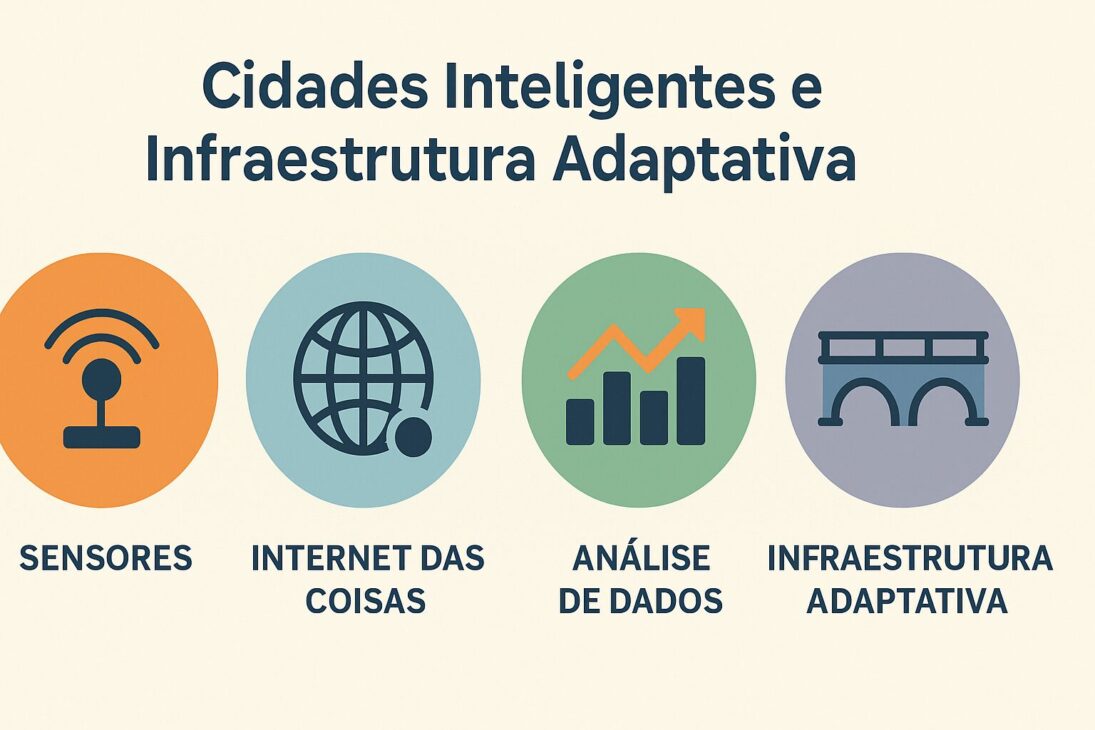 Infográfico ilustrando os pilares das cidades inteligentes: sensores, Internet das Coisas, análise de dados e infraestrutura adaptativa.
