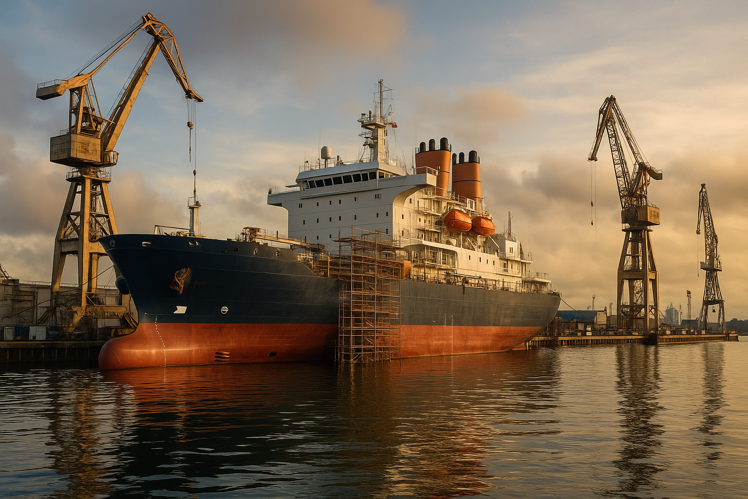 Navio sendo construído em estaleiro com guindastes durante o pôr do sol