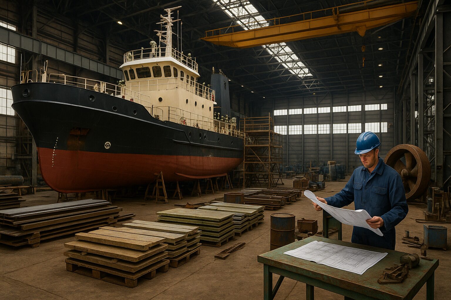 Fotografia realista de um estaleiro naval com navio em construção e trabalhador analisando plantas técnicas.