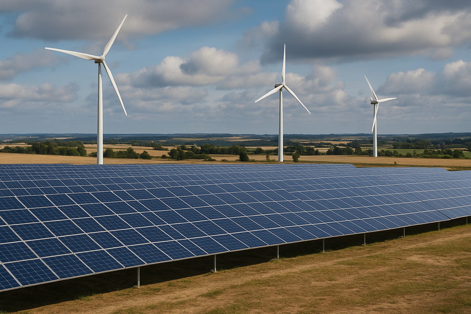 Parque solar eólico com painéis solares e turbinas eólicas em campo aberto sob céu parcialmente nublado.
