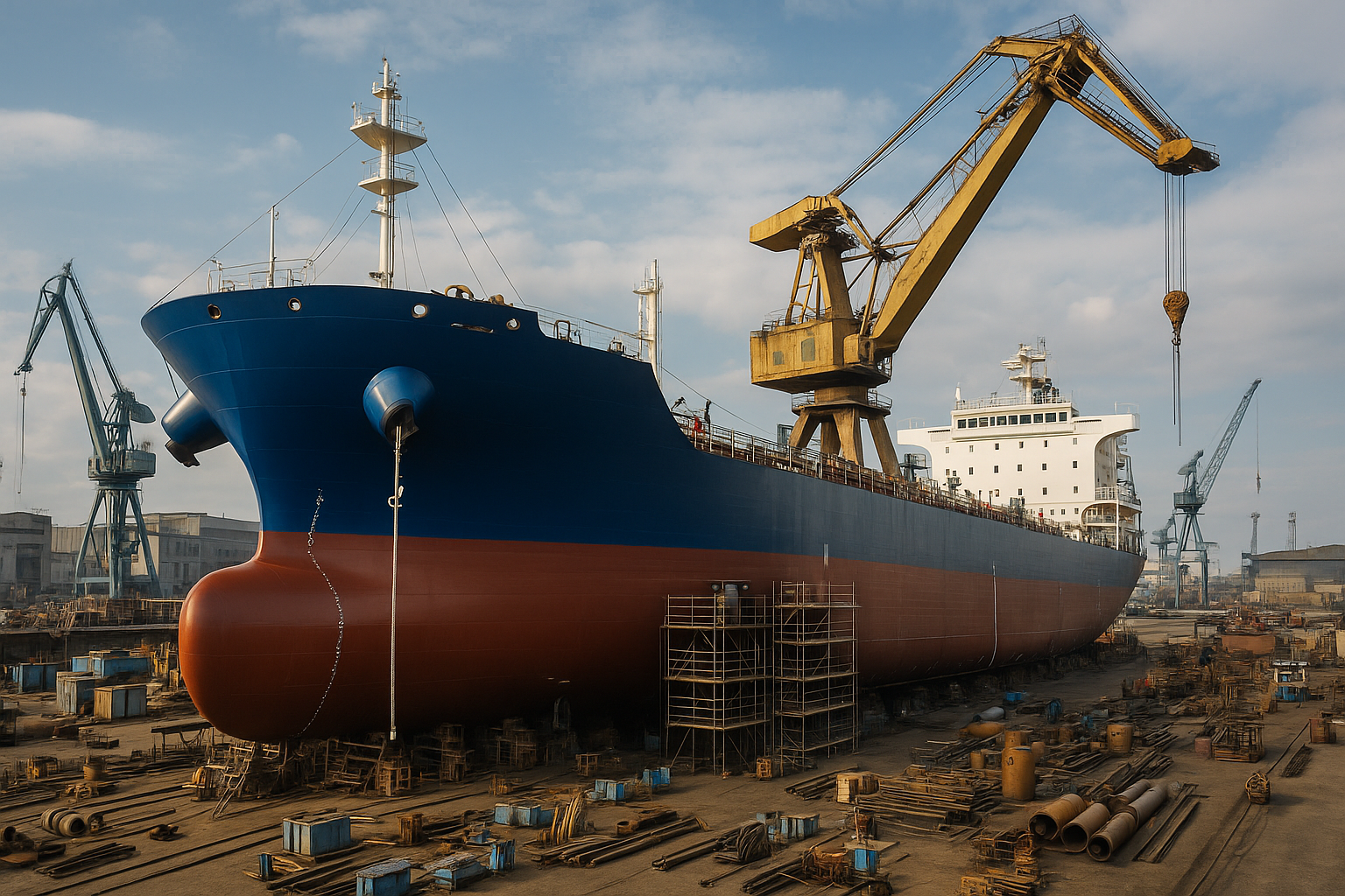 Construção de navio cargueiro em estaleiro com guindastes e trabalhadores.