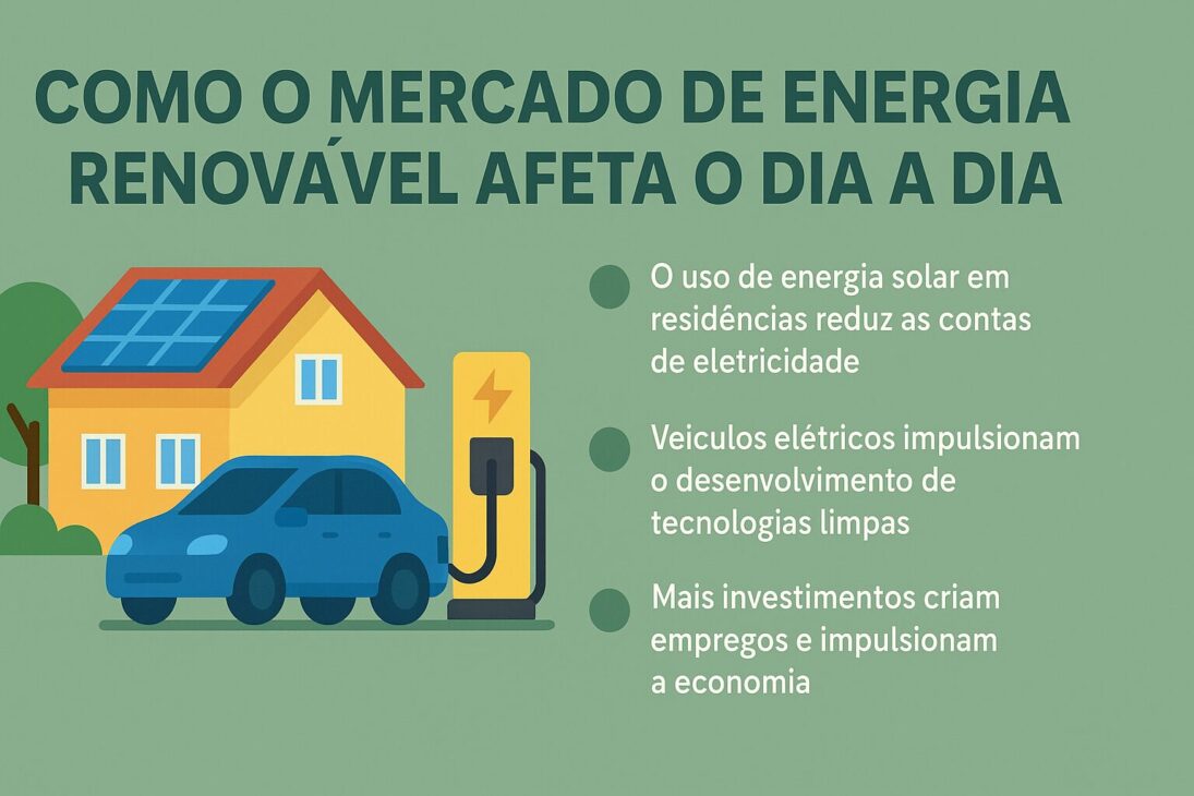 Infográfico ilustrando os impactos do mercado de energia renovável no cotidiano, com uma casa equipada com painéis solares, um carro elétrico conectado a um carregador, e três tópicos explicativos ao lado.