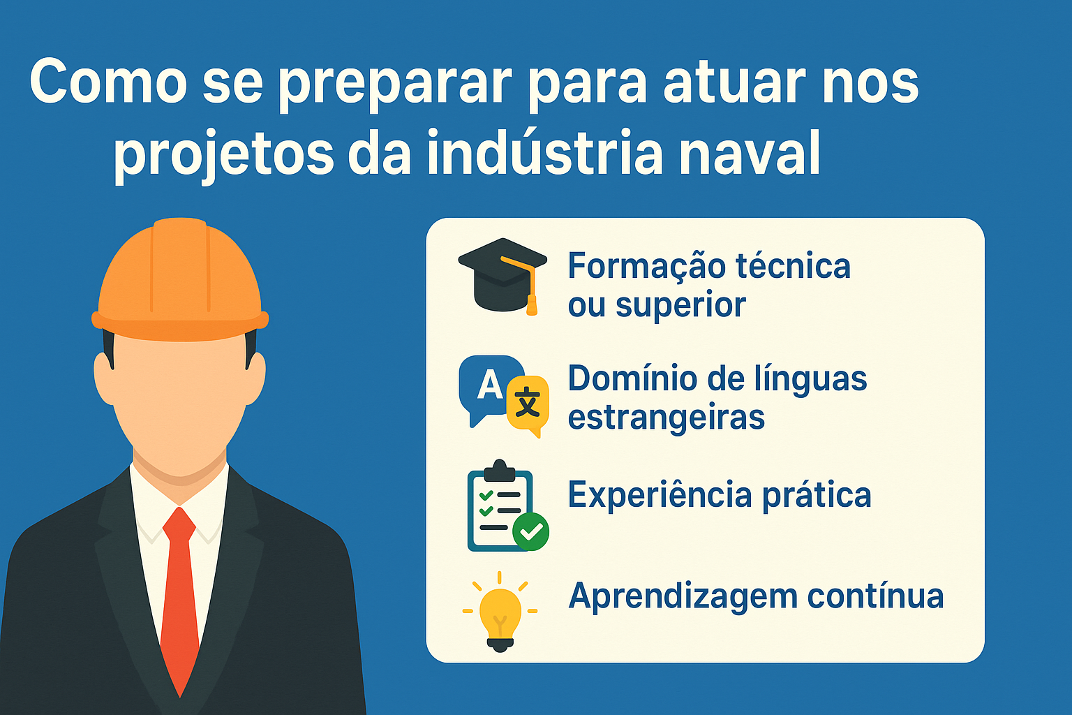 Infográfico mostrando como se preparar para atuar nos projetos da indústria naval, com ilustração de um profissional usando capacete laranja e quatro tópicos: formação técnica, domínio de línguas estrangeiras, experiência prática e aprendizagem contínua, acompanhados de ícones representativos.